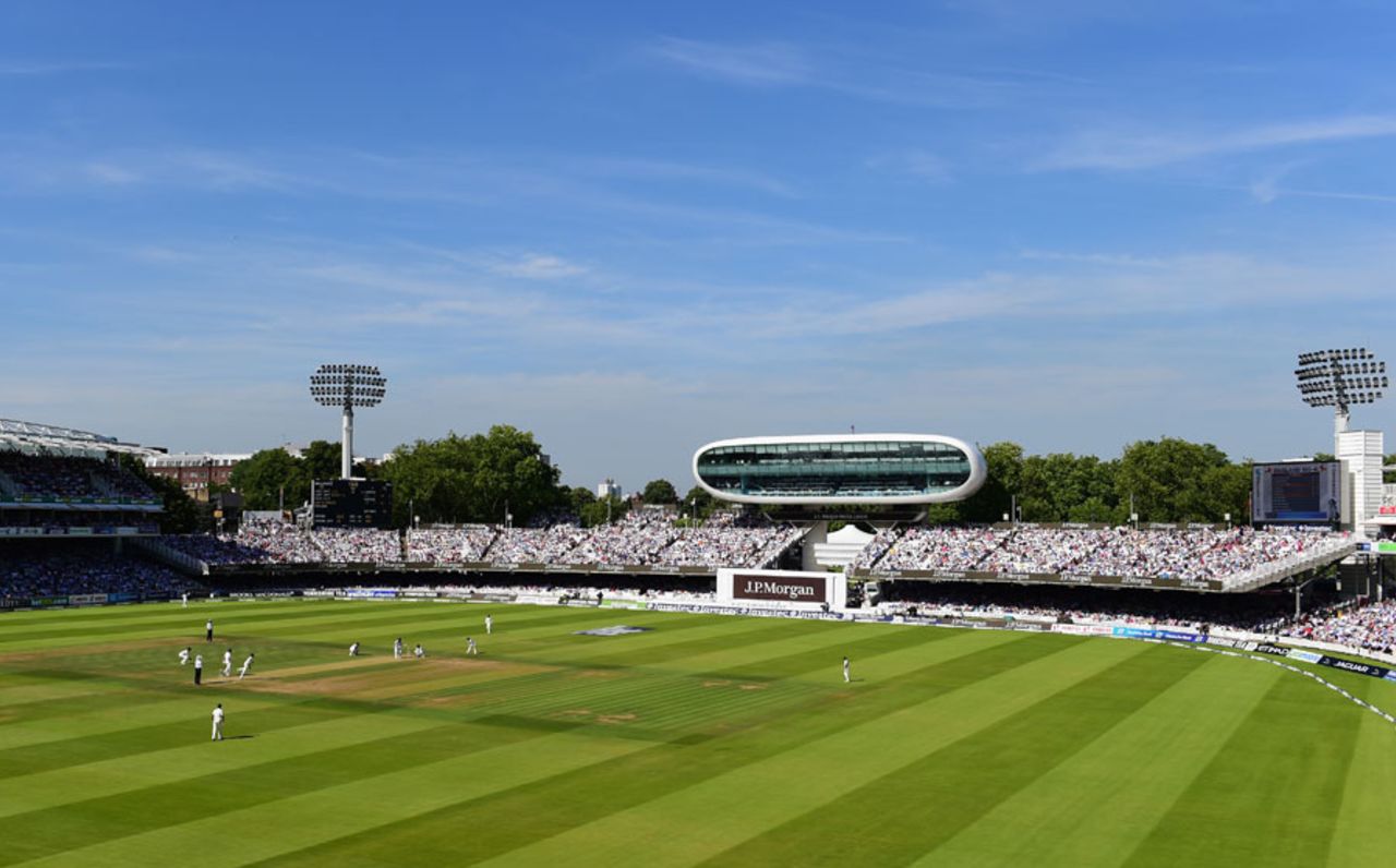 An aerial view of the day's play at Lord's, England v India, 2nd Investec Test, Lord's, 2nd day, July 18, 2014
