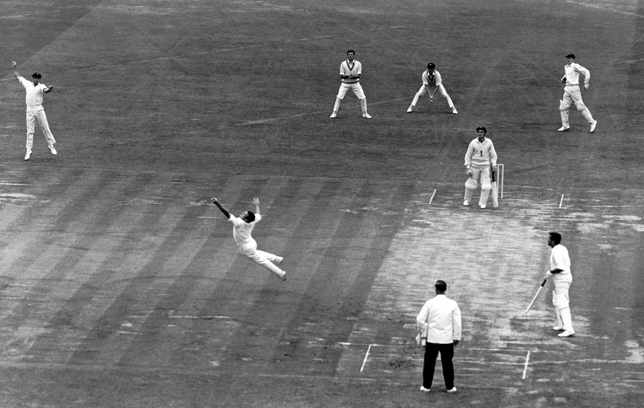 Dayle Hadlee takes a fantastic catch off his own bowling to dismiss Alan Knott for 8, England v New Zealand, 1st Test, Lord's, 1st day, July 24, 1969