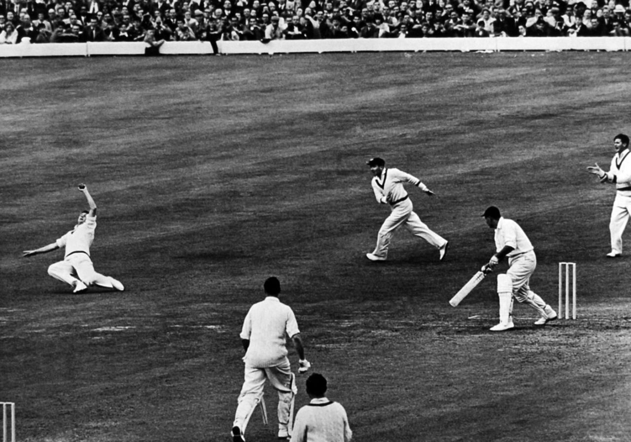 Richie Benaud takes a wonderful catch at gully to dismiss Colin Cowdrey, England v Australia, 2nd Test, Lord's, 2nd day, June 22, 1956