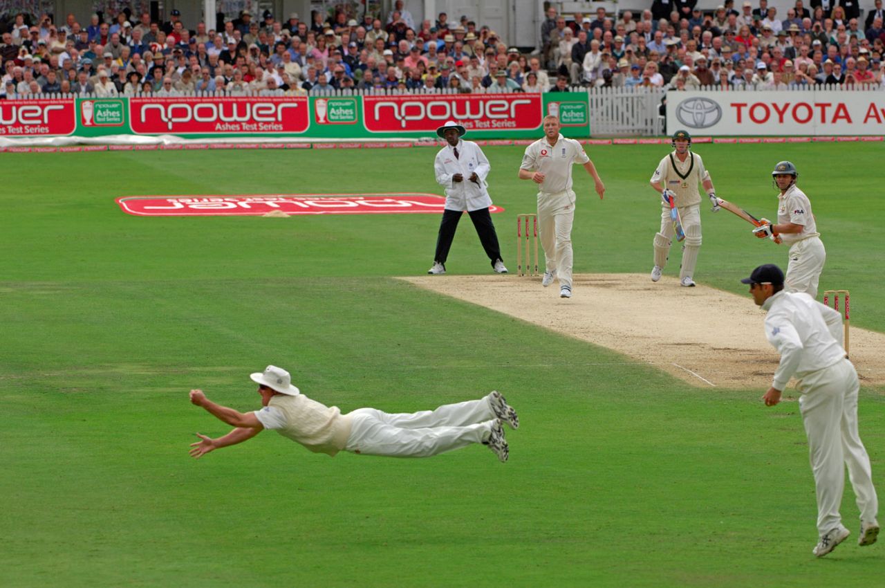 Andrew Strauss dives at second slip to take a catch to dismiss Adam Gilchrist, England v Australia, 4th Test, Trent Bridge, 3rd day, August 27, 2005