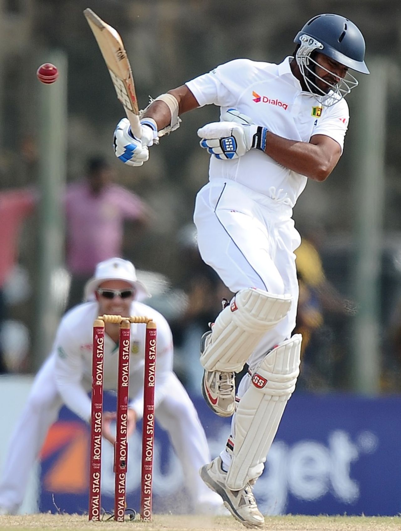 Kumar Sangakkara fends a short ball to the leg side, Sri Lanka v South Africa, 1st Test, Galle, 4th day, July 19, 2014