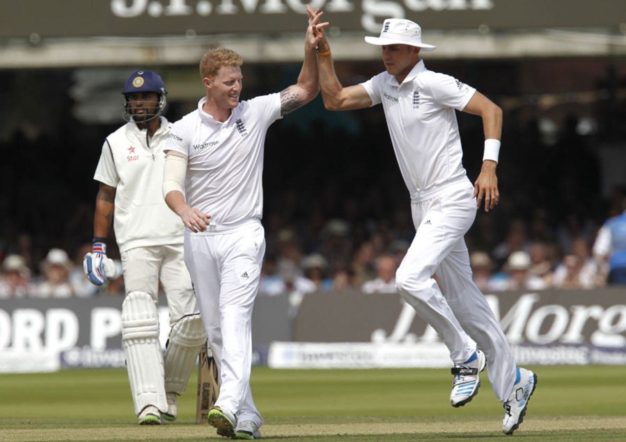 Ben Stokes is congratulated after getting Shikhar Dhawan, England v India, 2nd Investec Test, Lord's, 3rd day, July 19, 2014