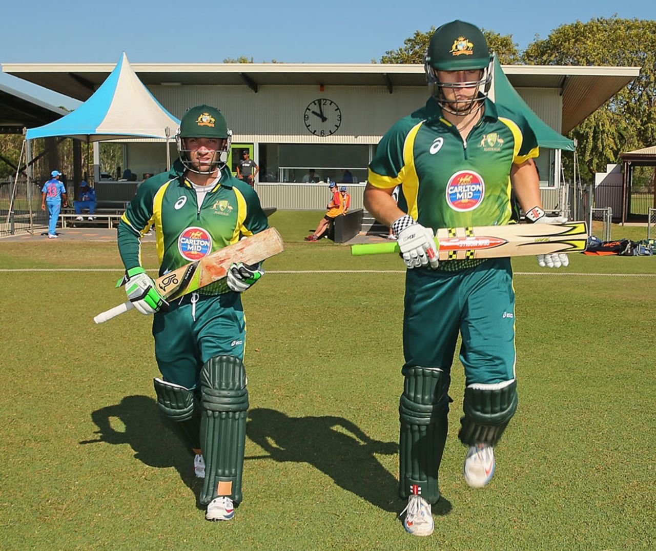 Phillip Hughes and Cameron White walk out to bat, Australia A v India A, Quadrangular A-Team One-Day Series, Darwin, July 20, 2014