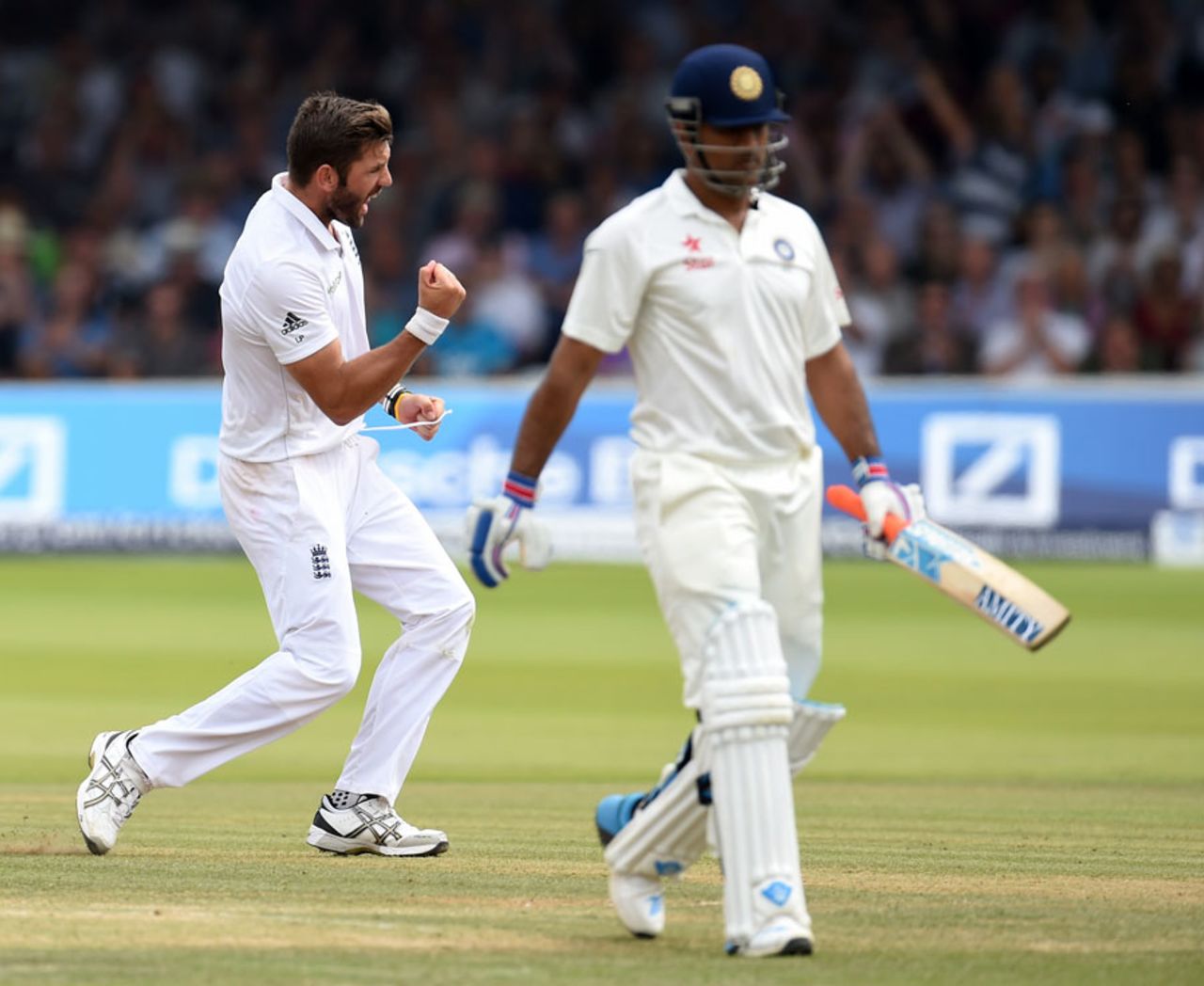 Liam Plunkett is overjoyed after dismissing MS Dhoni, England v India, 2nd Investec Test, Lord's, 4th day, July 20, 2014