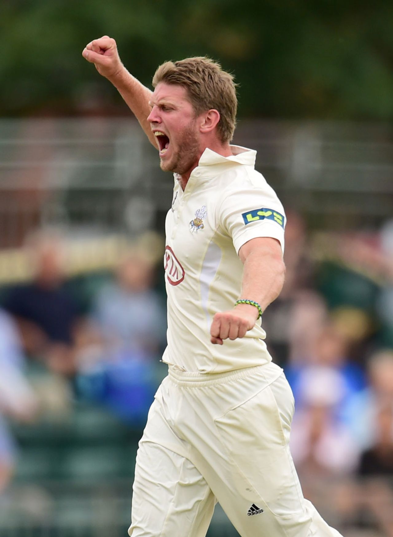 Stuart Meaker celebrates the wicket of Daniel Bell-Drummond, Surrey v Kent, County Championship, Division Two, Guildford, 1st day, July 20, 2014