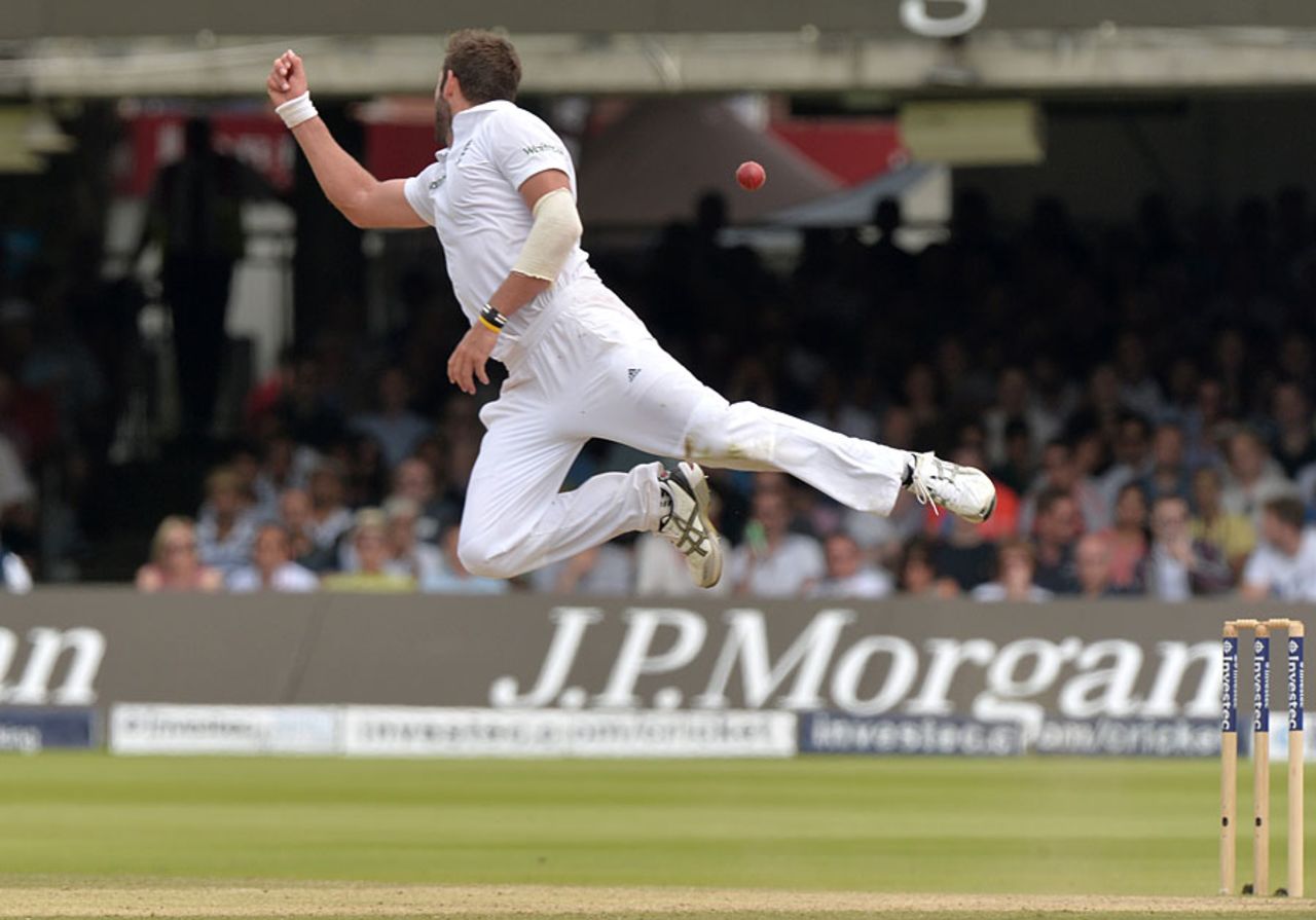 Liam Plunkett leaps to try and grab a return chance, England v India, 2nd Investec Test, Lord's, 4th day, July 20, 2014