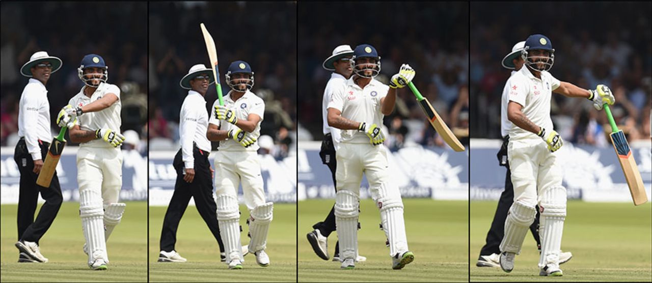Ravindra Jadeja celebrates his maiden Test 50 in unusual style, England v India, 2nd Investec Test, Lord's, 4th day, July 20, 2014