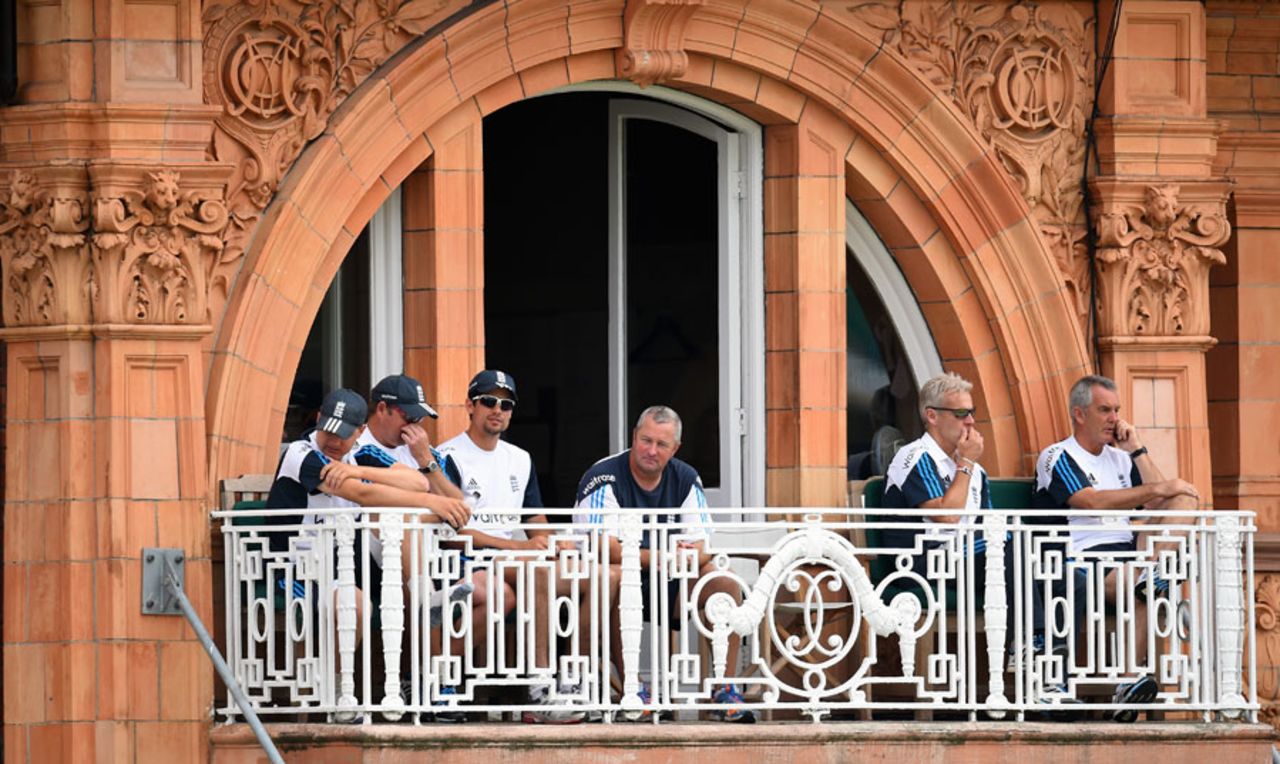 Alastair Cook, Peter Moores and the England coaching staff watch the proceedings, England v India, 2nd Investec Test, Lord's, 5th day, July 21, 2014