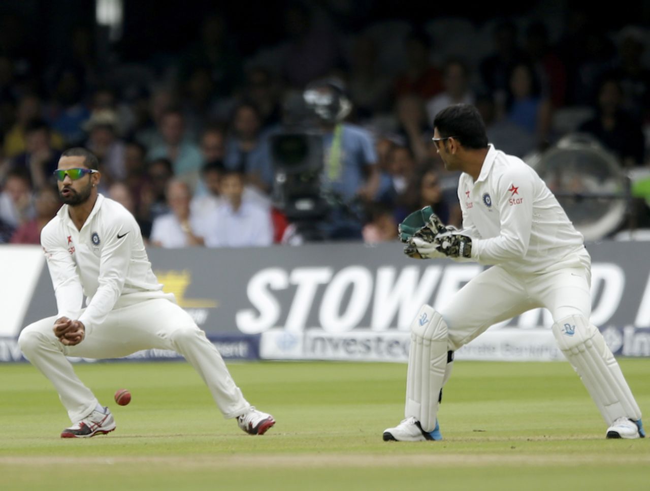 An edge falls just short of Shikhar Dhawan at first slip, England v India, 2nd Investec Test, Lord's, 5th day, July 21, 2014