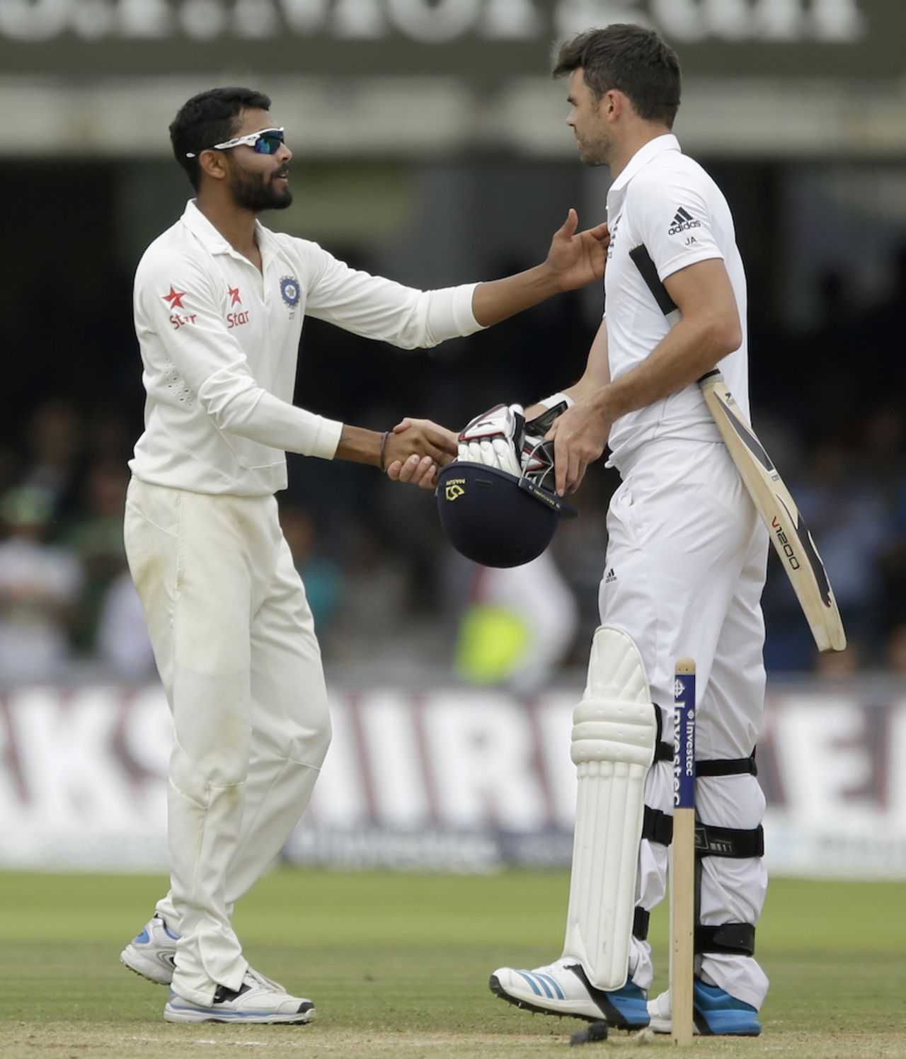 Ravindra Jadeja shakes hands with James Anderson after the win, England v India, 2nd Investec Test, Lord's, 5th day, July 21, 2014