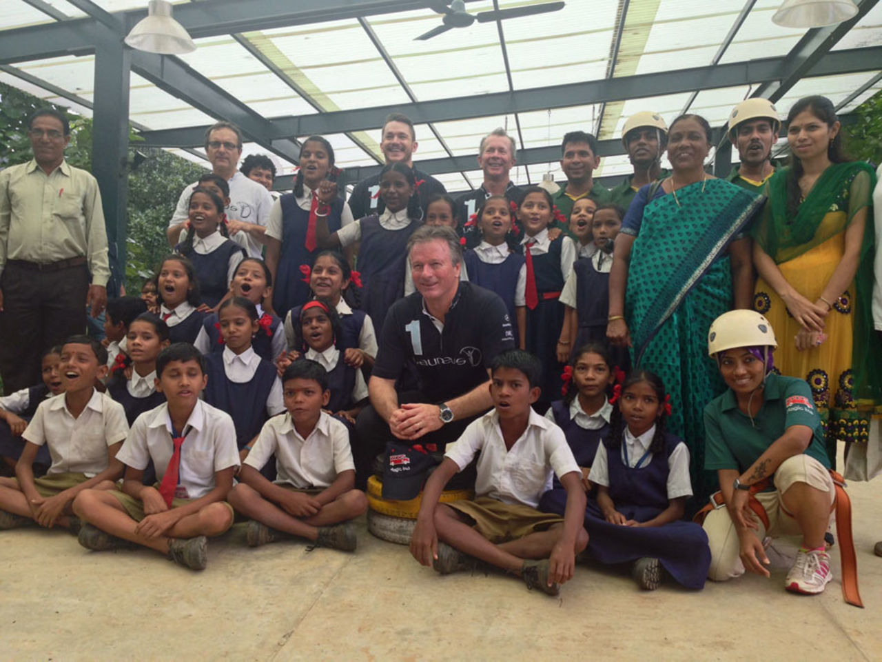 Steve Waugh with children at the Magic Bus Learning and Development Centre, Raigad, July 21, 2014