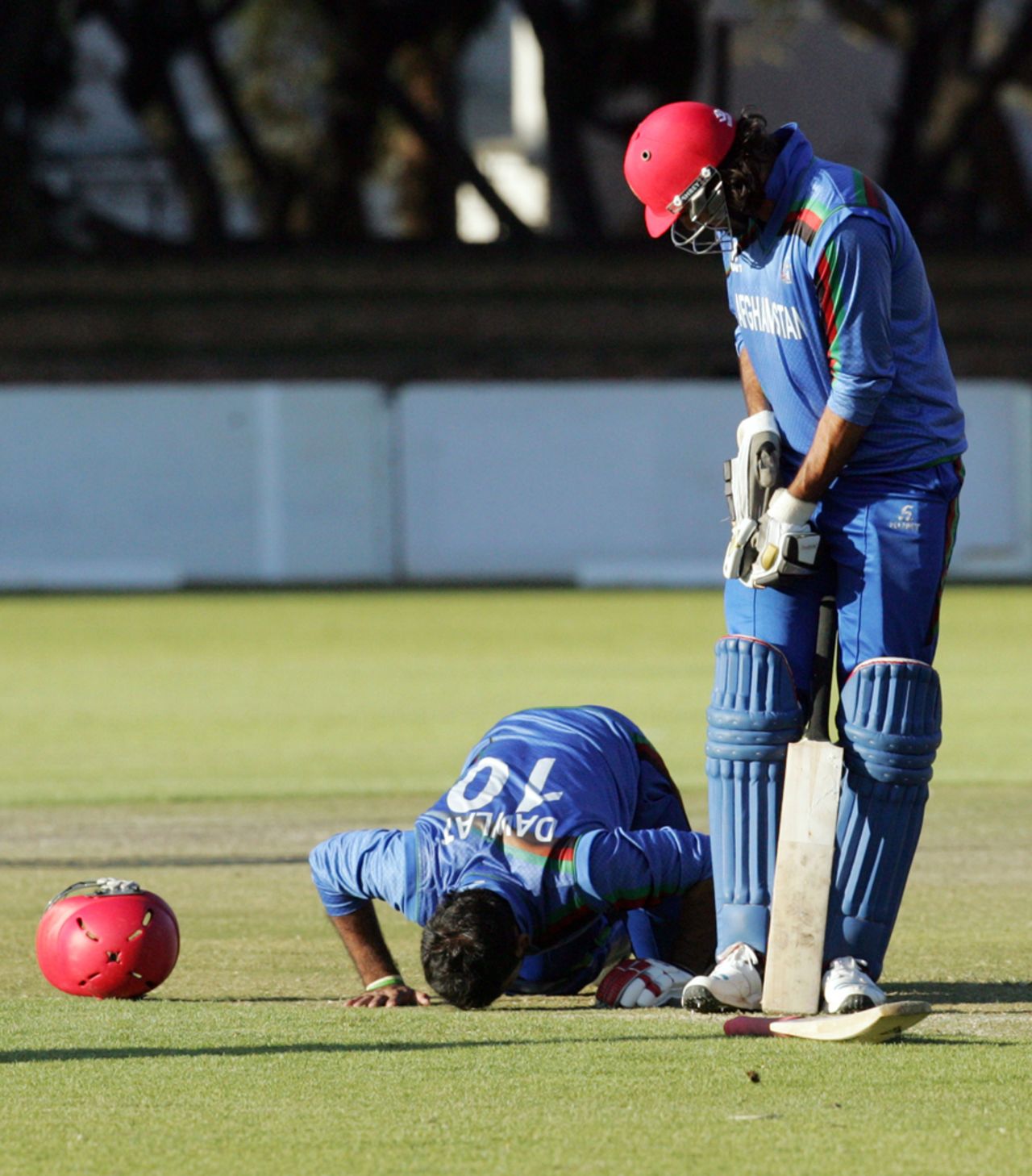 Dawlat Zadran is a relieved man after hitting the winning six, Zimbabwe v Afghanistan, 3rd ODI, Bulawayo, July 22, 2014