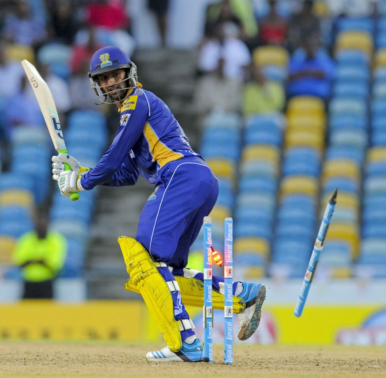 Shoaib Malik was bowled by Tino Best for 49, Barbados Tridents v St Lucia Zouks, CPL 2014, Bridgetown, July 23, 2014