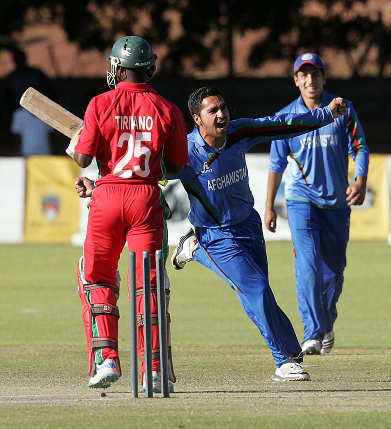 Aftab Alam exults after bowling Donald Tiripano to seal a 100-run win for Afghanistan, Zimbabwe v Afghanistan, 4th ODI, Bulawayo, July 24, 2014