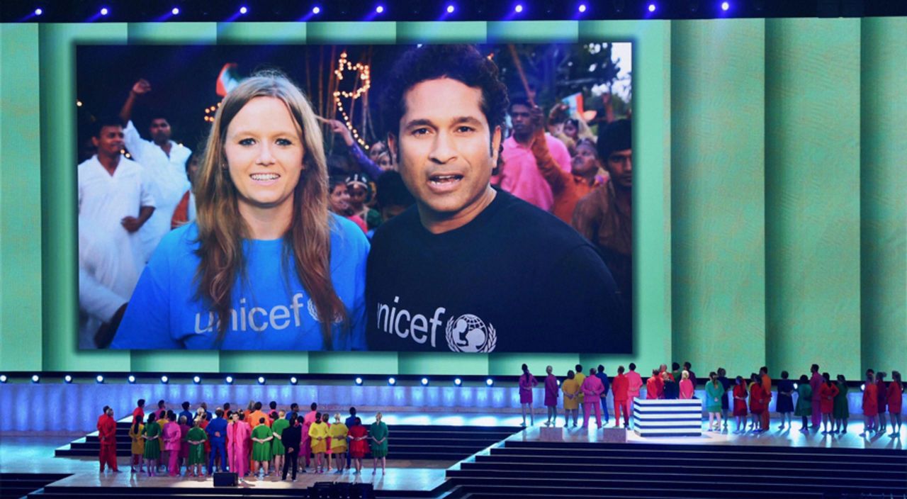 Sachin Tendulkar, a UNICEF ambassador, passes on a message during the Commonwealth Games opening ceremony, Glasgow, July 23, 2014