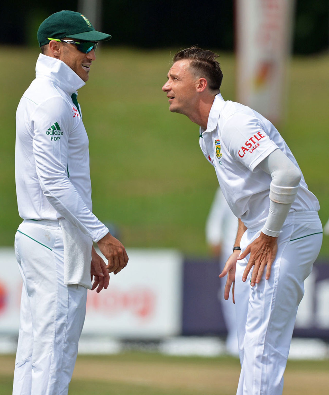 Dale Steyn and Faf du Plessis share a light moment, Sri Lanka v South Africa, 2nd Test, Colombo, 2nd day, July 25, 2014