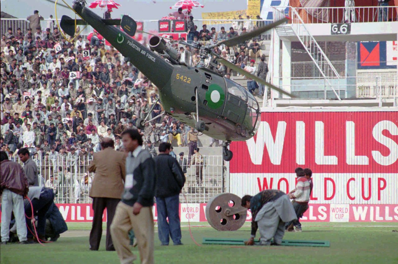 A helicopter tries to dry the square, Pakistan v UAE, Group B, Gujranwala, February 24, 1996