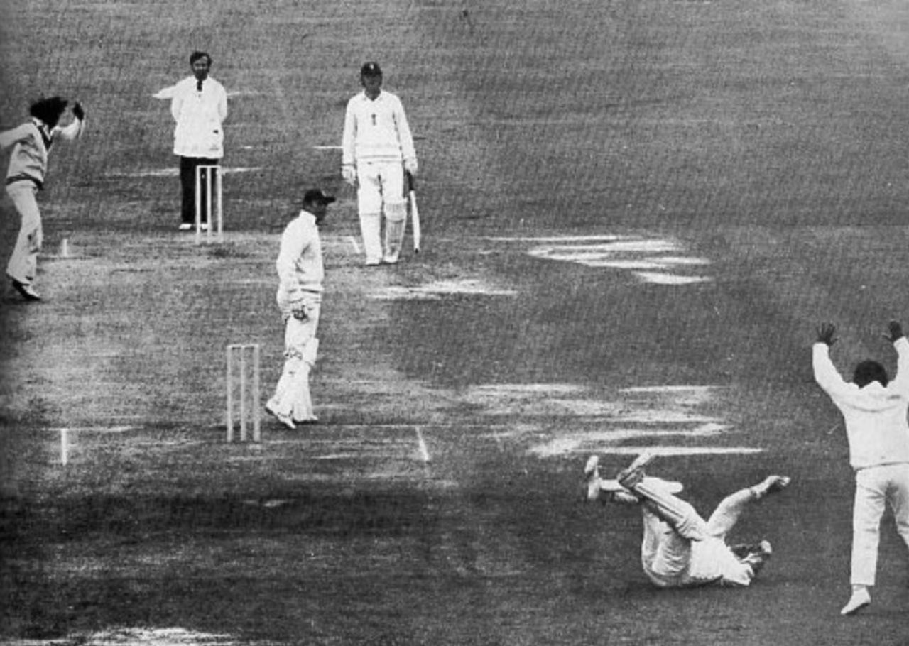 Geoff Boycott, in his last Test innings for three years, is caught by Farokh Engineer off Eknath Solkar for 6, England v India, 1st Test, Old Trafford, June 11, 1974