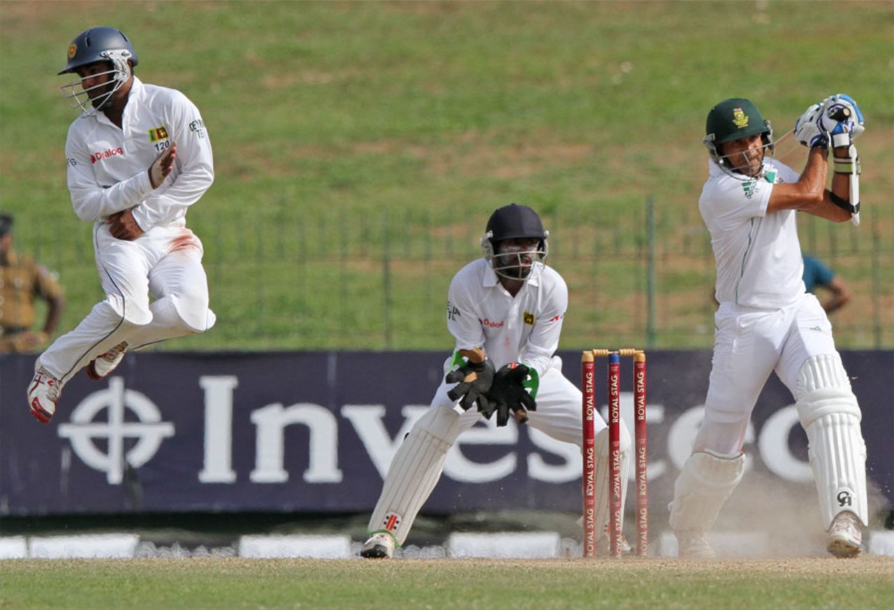 Kaushal Silva leaps to avoid Imran Tahir's drive, Sri Lanka v South Africa, 2nd Test, Colombo, 3rd day, July 26, 2014