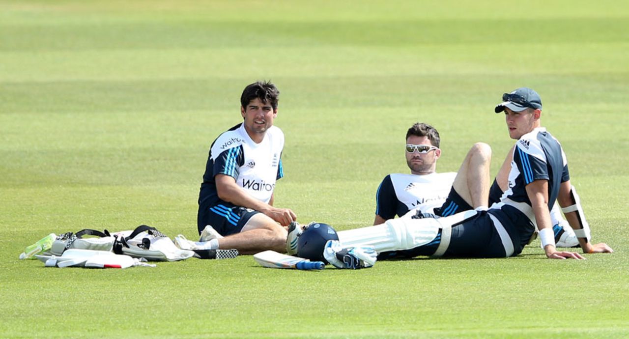 Alastair Cook, James Anderson and Stuart Broad take a moment to relax, Ageas Bowl, July 26, 2014