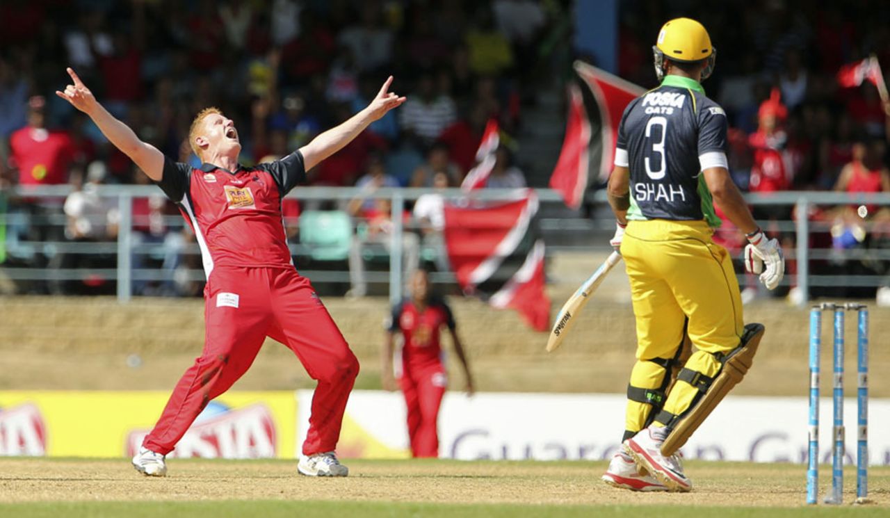 Kevin O'Brien exults after taking a wicket, Trinidad & Tobago Red Steel v Jamaica Tallawahs, CPL 2014, Port of Spain, July 26, 2014