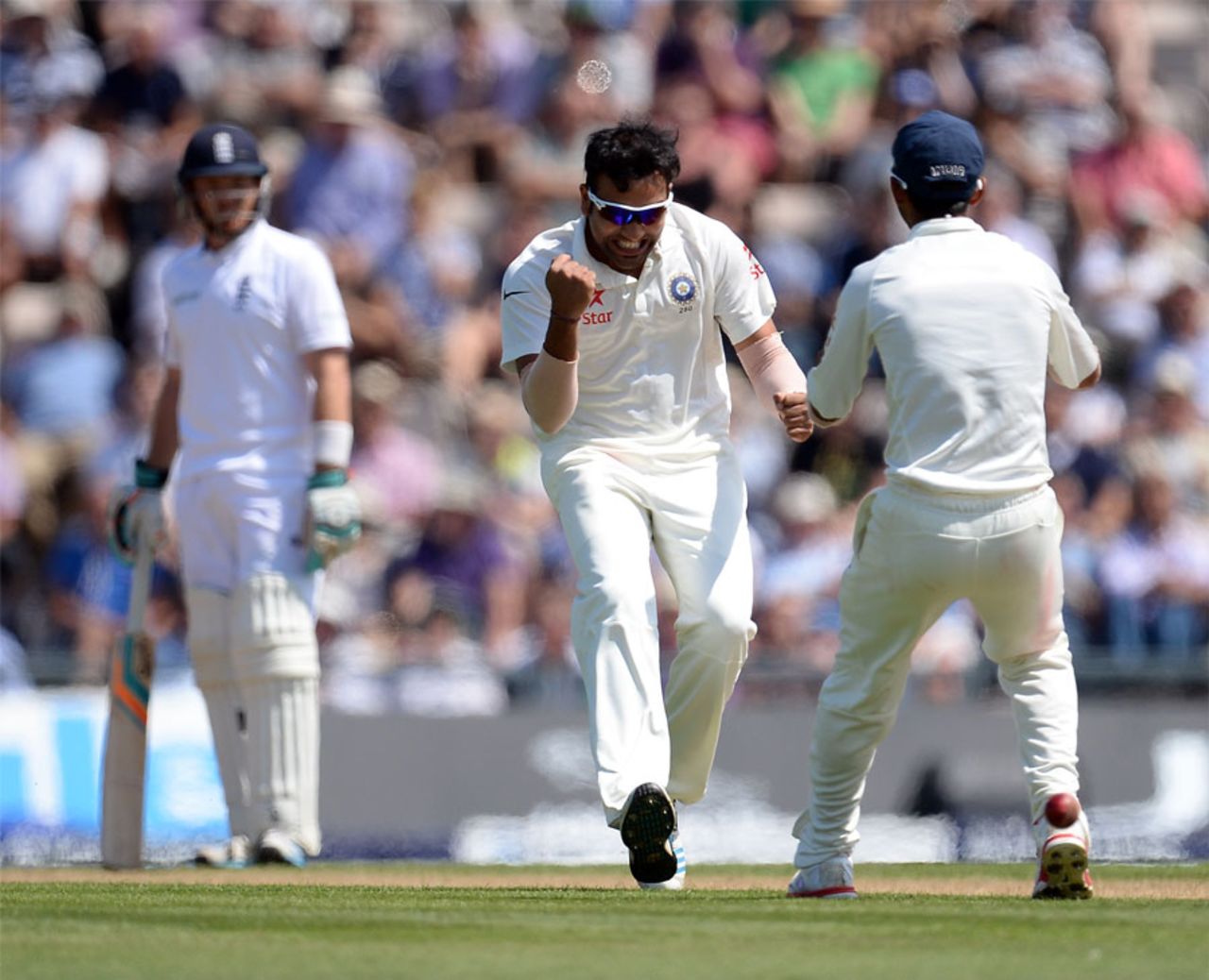Rohit Sharma is elated with the wicket of Gary Ballance, England v India, 3rd Investec Test, Ageas Bowl, 2nd day, July 28, 2014