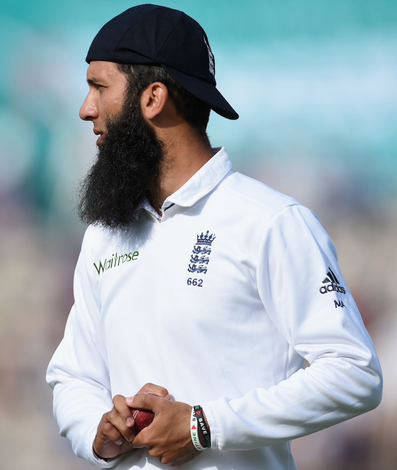 Moeen Ali in the field with a 'Save Gaza' wristband, England v India, 3rd Investec Test, Ageas Bowl, 2nd day, July 28, 2014