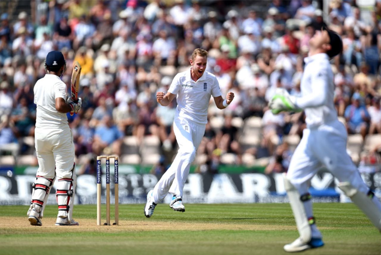 Stuart Broad bounced out Cheteshwar Pujara, England v India, 3rd Investec Test, Ageas Bowl, 3rd day, July 29, 2014