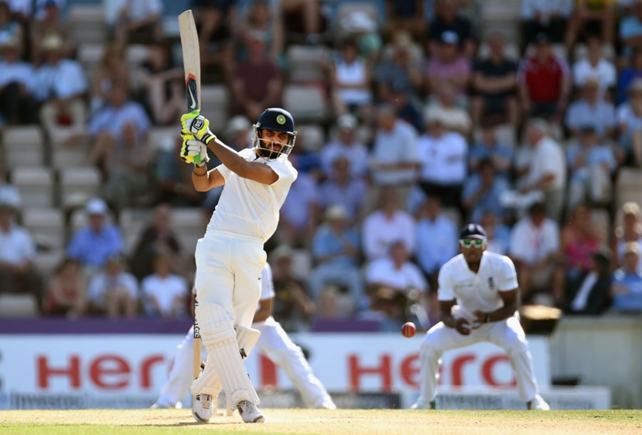 Ravindra Jadeja strides out to hit down the ground, England v India, 3rd Investec Test, Ageas Bowl, 3rd day, July 29, 2014