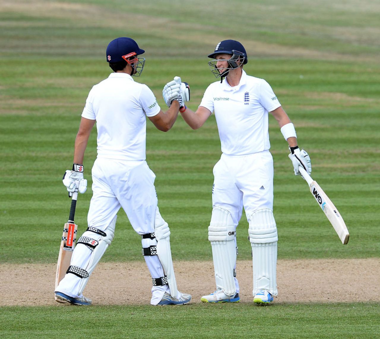 Alastair Cook congratulates Joe Root on his fifty, England v India, 3rd Investec Test, Ageas Bowl, 4th day, July 30, 2014