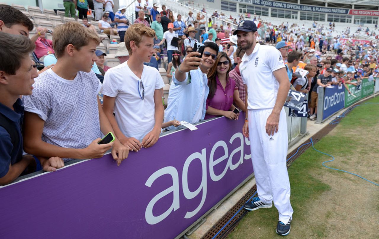 James Anderson poses for a picture with fans, England v India, 3rd Investec Test, Ageas Bowl, 5th day, July 31, 2014