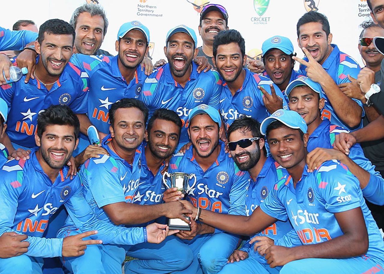 The victorious India A team celebrate with the quadrangular series trophy, Australia A v India A, Quadrangular A-Team One-day series, final, Darwin, August 2, 2014