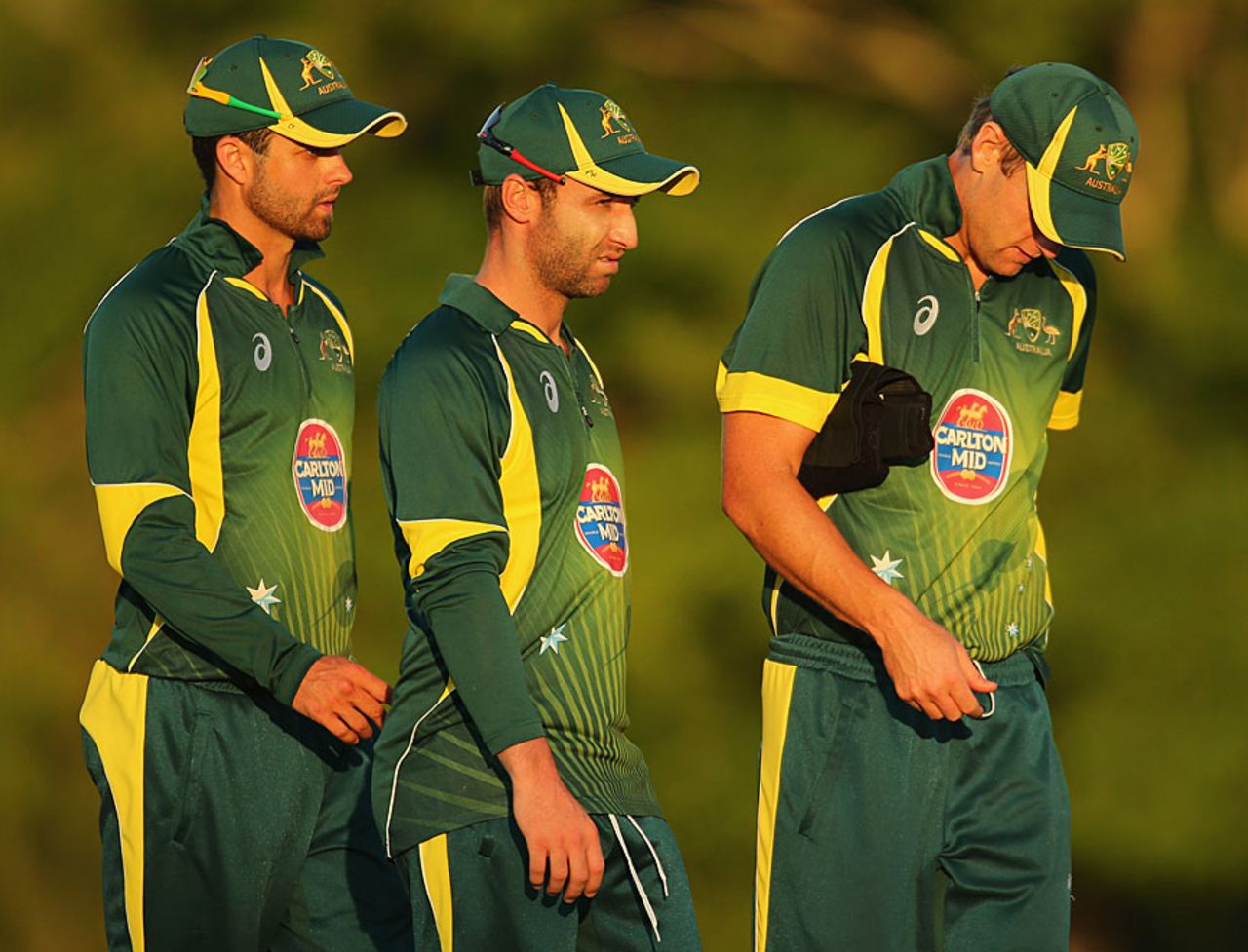 Dejected Australia A players after the defeat, Australia A v India A, Quadrangular A-Team One-day series, final, Darwin, August 2, 2014
