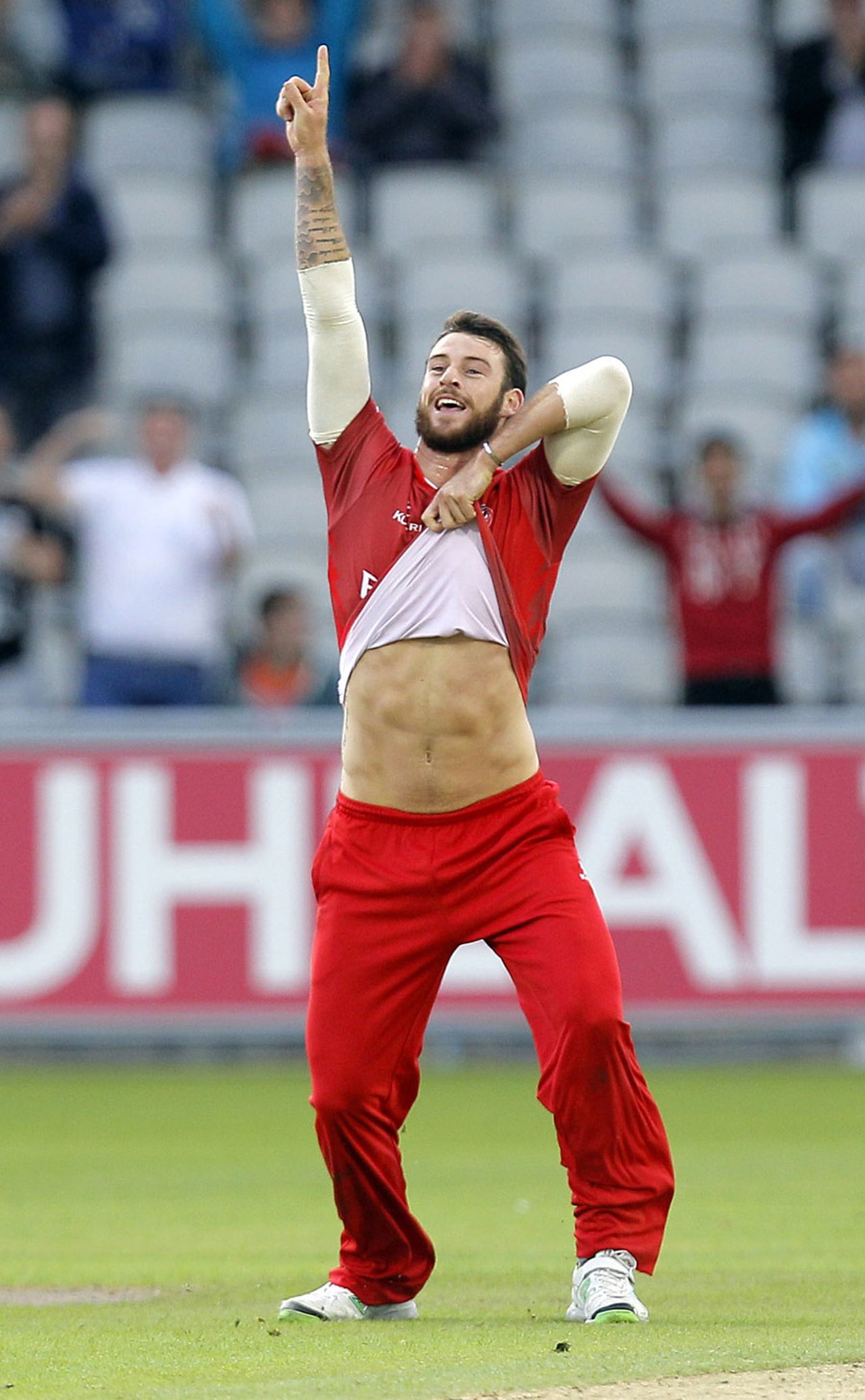 Jordan Clark celebrates sealing Lancashire's victory, Lancashire v Glamorgan, NatWest T20 Blast quarter-final, Old Trafford, August 2, 2014