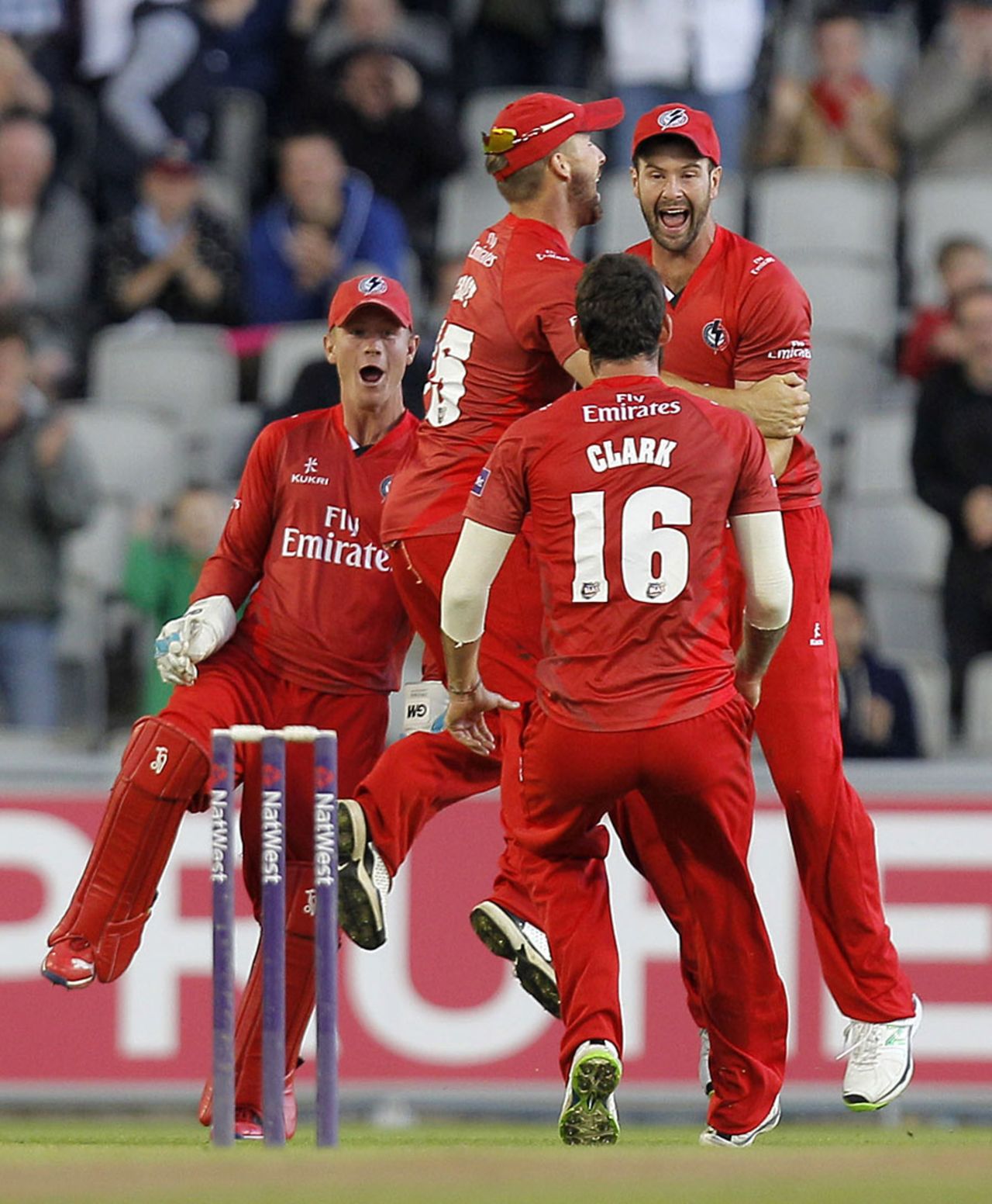 Tom Smith took the catch to give Jordan Clark three wickets in an over, Lancashire v Glamorgan, NatWest T20 Blast quarter-final, Old Trafford, August 2, 2014