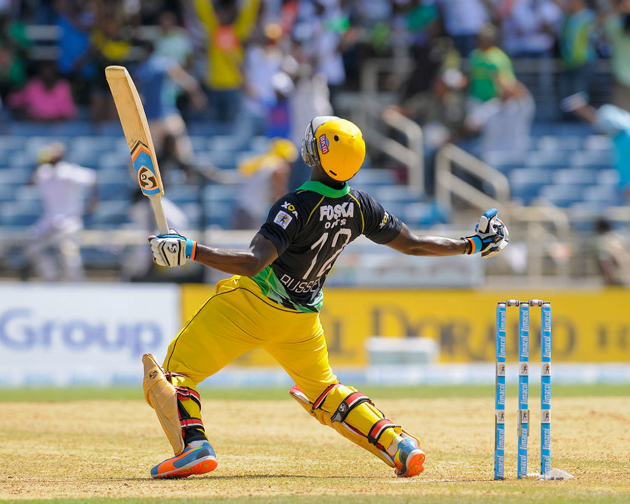 Andre Russell is ecstatic after scoring the winning runs, Jamaica Tallawahs v Guyana Amazon Warriors, CPL 2014, Kingston, August 2, 2014