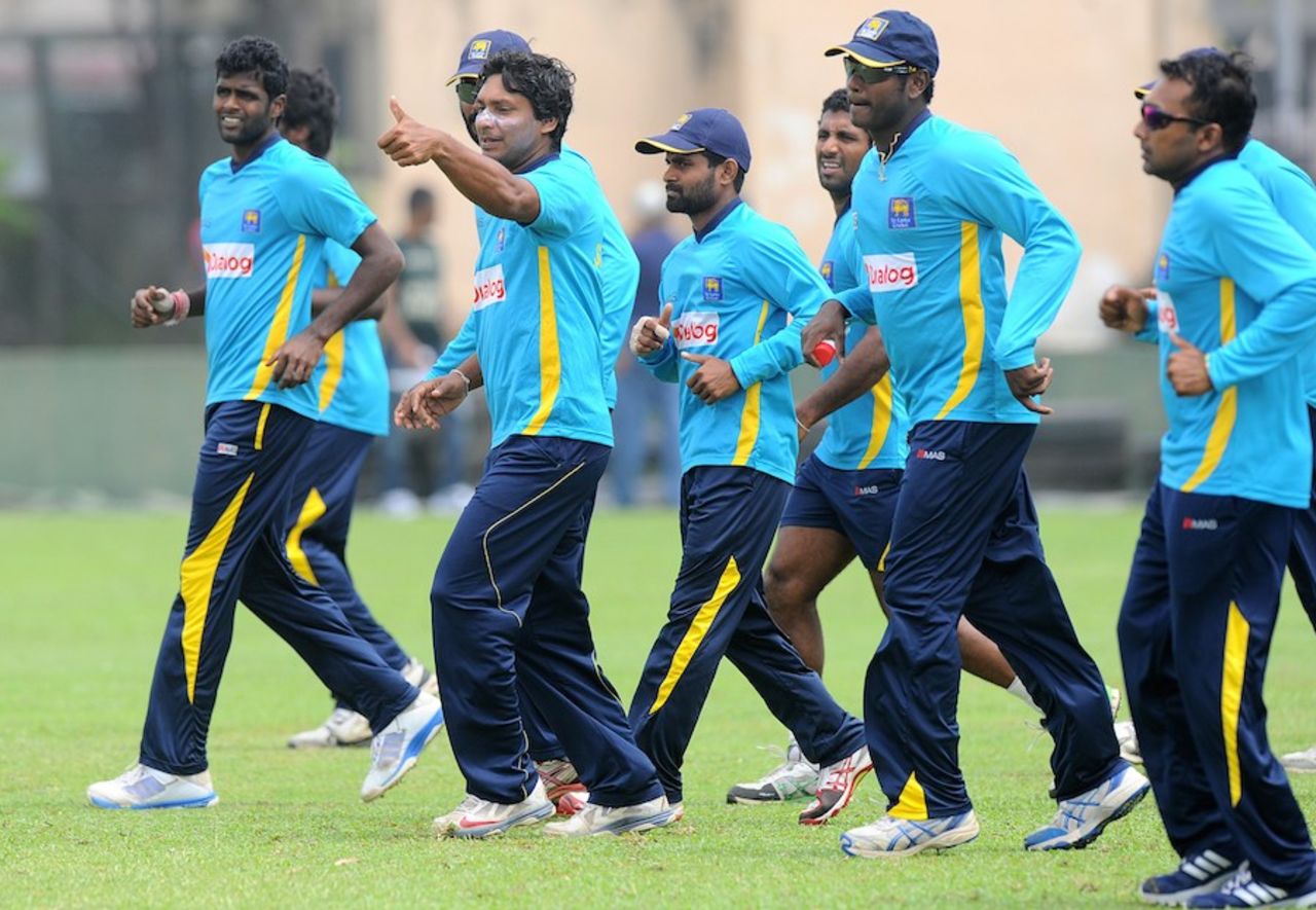 Sri Lankan players go through fielding drills ahead of the Test series, Galle, August 5, 2014