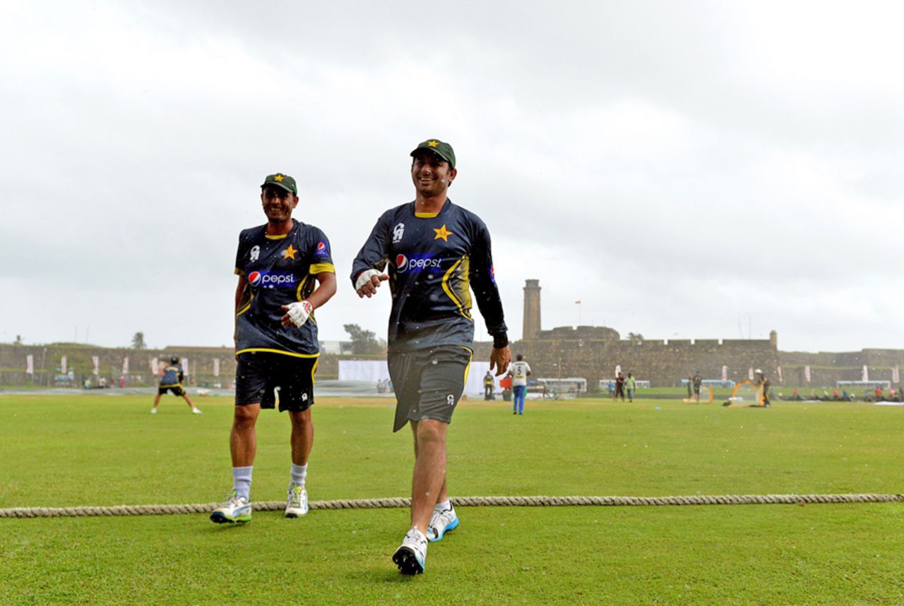 Abdur Rehman and Saeed Ajmal are in good spirits after training, Galle, August 5, 2014