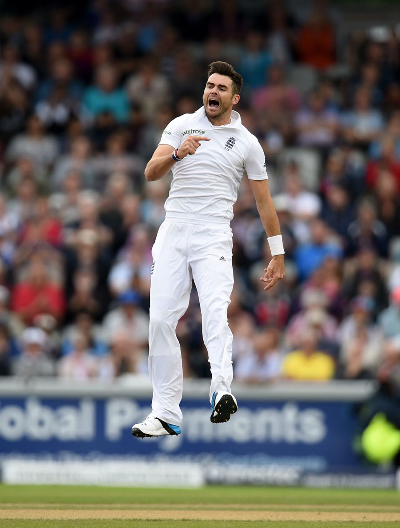 James Anderson is cock-a-hoop after dismissing Virat Kohli, England v India, 4th Test, Old Trafford, 1st day, August 7, 2014