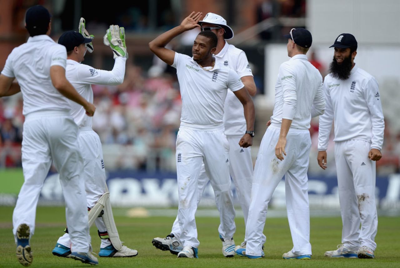Chris Jordan removed Ajinkya Rahane after a recovery stand, England v India, 4th Test, Old Trafford, 1st day, August 7, 2014