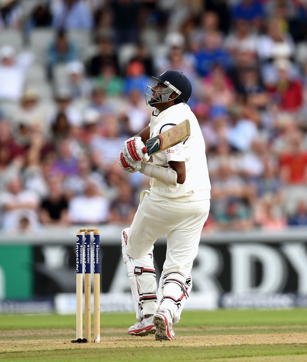 R Ashwin top-edges a hook off James Anderson for six, England v India, 4th Test, Old Trafford, 1st day, August 7, 2014