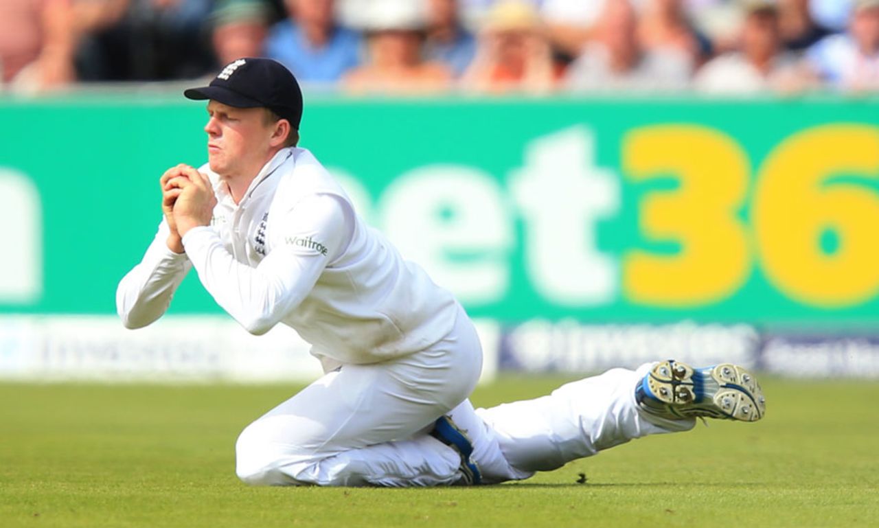 Sam Robson clung on to a top edge from R Ashwin, England v India, 4th Test, Old Trafford, 1st day, August 7, 2014
