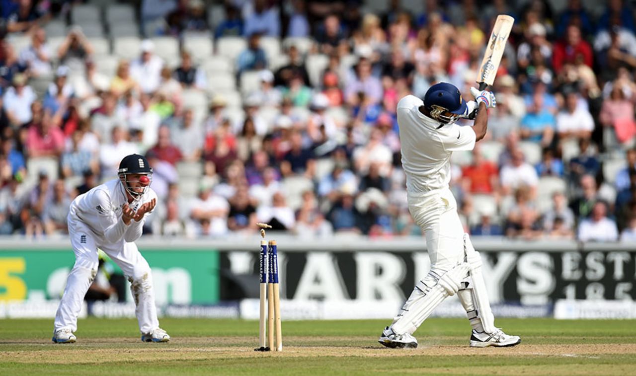 Pankaj Singh is bowled by Stuart Broad, England v India, 4th Test, Old Trafford, 1st day, August 7, 2014