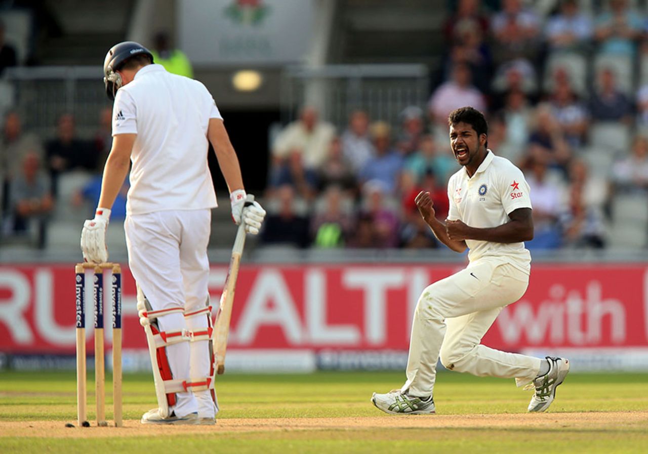 Varun Aaron had Gary Ballance lbw late in the day, England v India, 4th Test, Old Trafford, 1st day, August 7, 2014