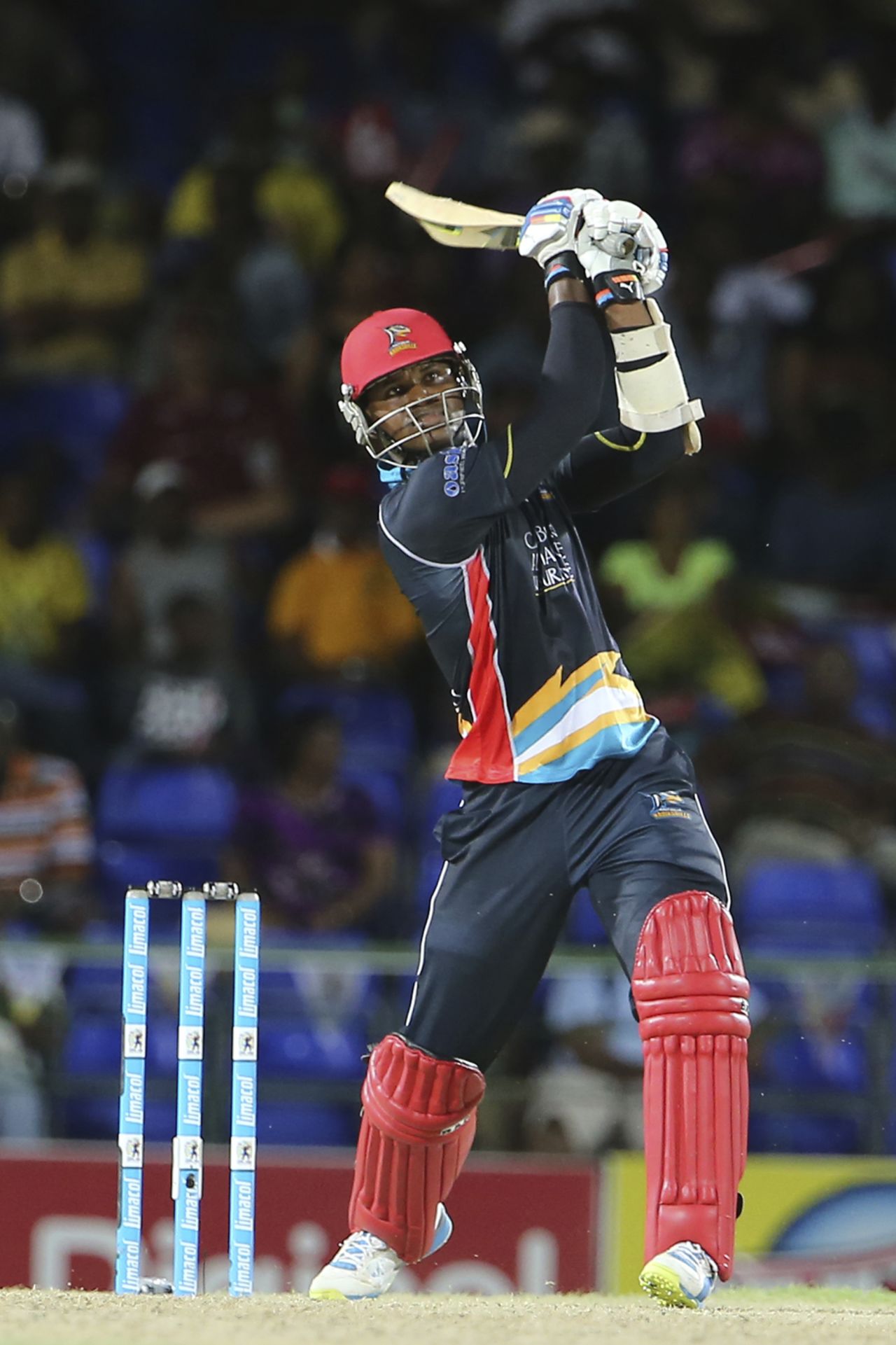 Marlon Samuels strikes one of his eight sixes, Guyana Amazon Warriors v Antigua Hawksbills, CPL 2014, Basseterre, August 7, 2014