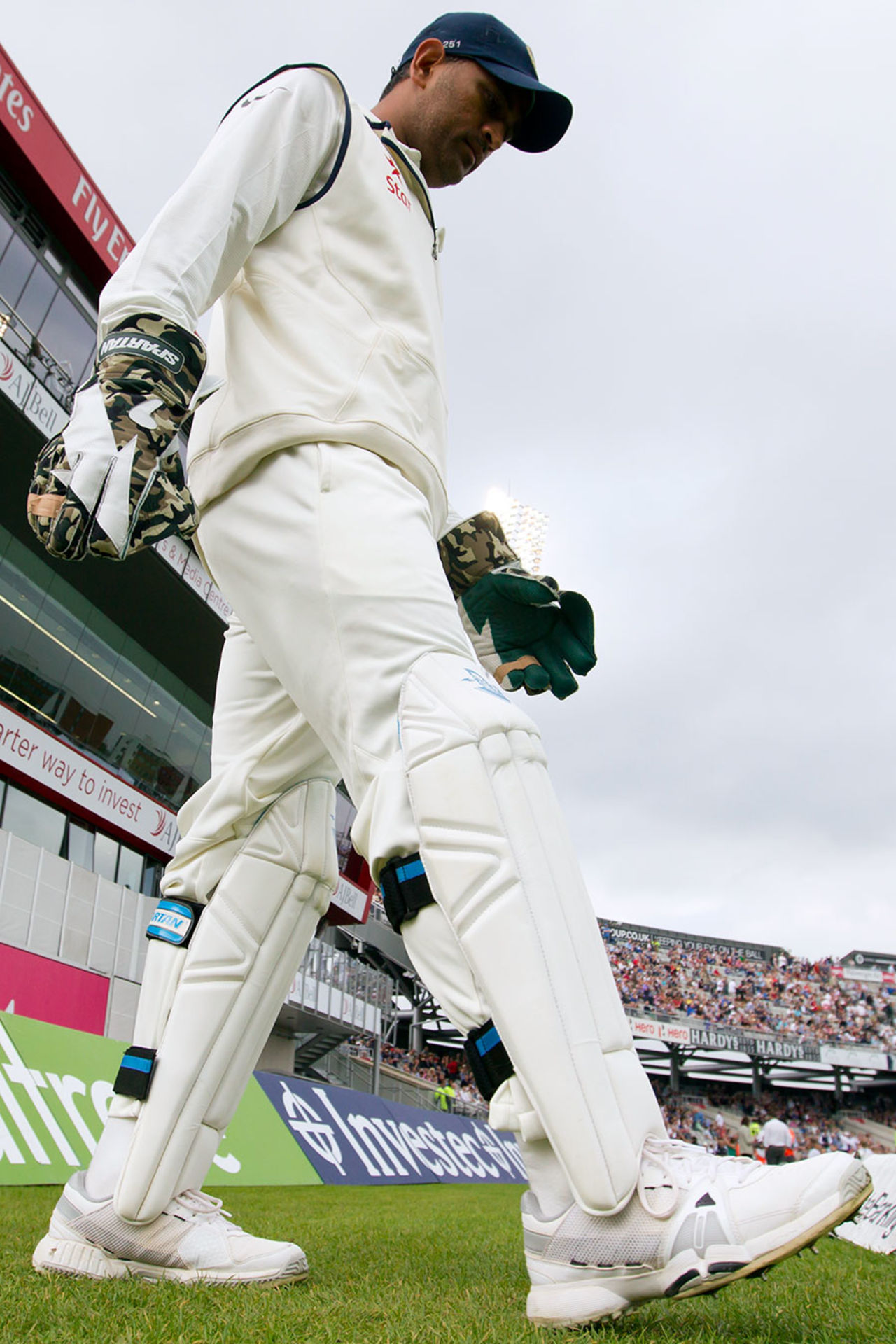 MS Dhoni walks onto the field, England v India, 4th Test, Old Trafford, 2nd day, August 8, 2014