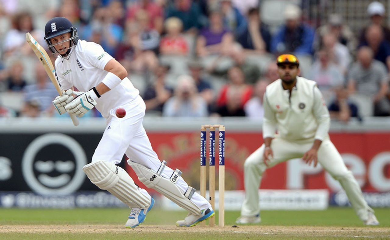 Joe Root clips the ball into the leg side, England v India, 4th Test, Old Trafford, 2nd day, August 8, 2014