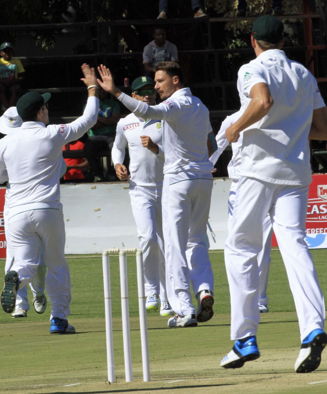 Dale Steyn celebrates after dismissing Vusi Sibanda for a duck, Zimbabwe v South Africa, only Test, Harare, 1st day, August 9, 2014