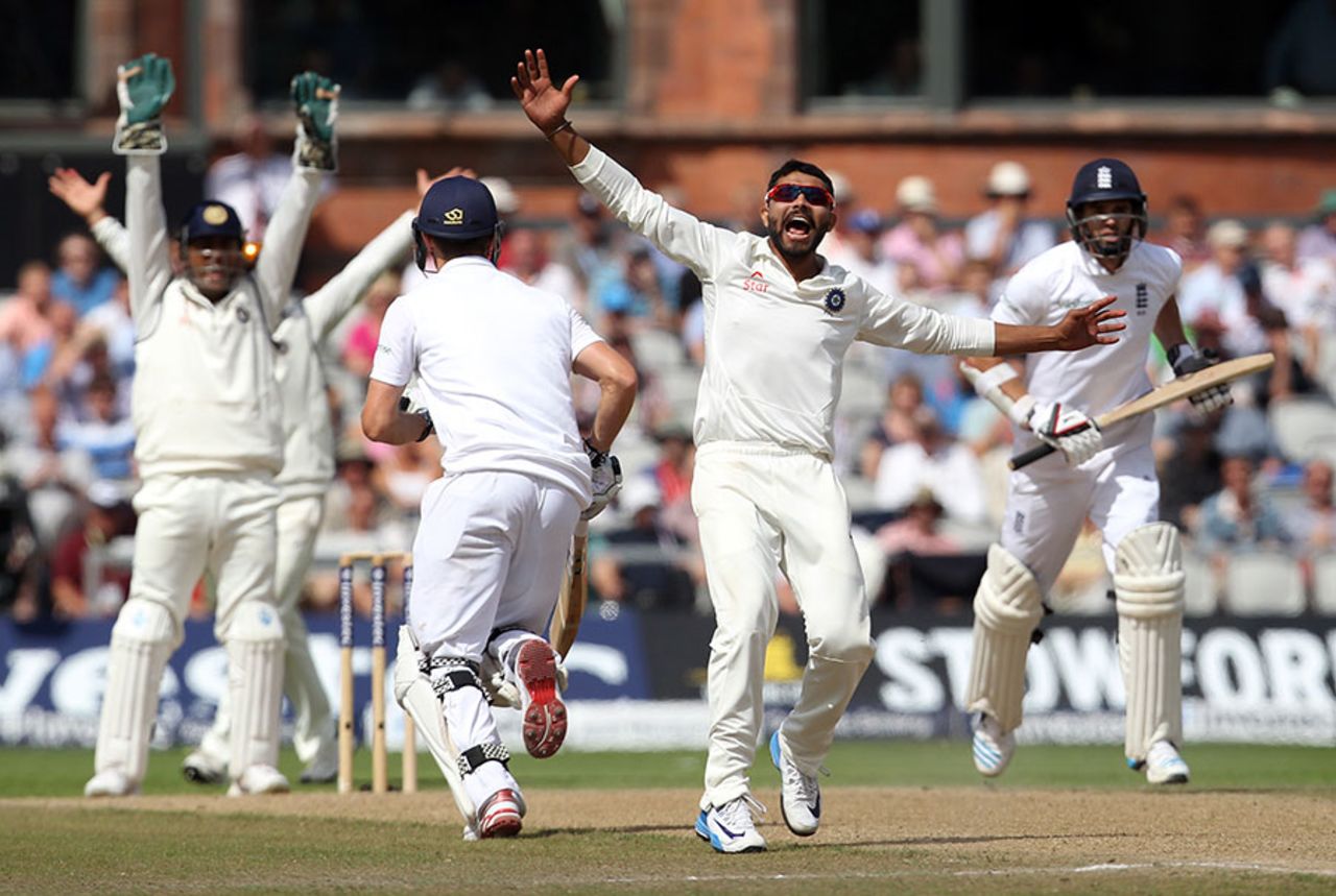 Ravindra Jadeja appeals successfully for lbw against James Anderson, England v India, 4th Test, Old Trafford, 3rd day, August 9, 2014