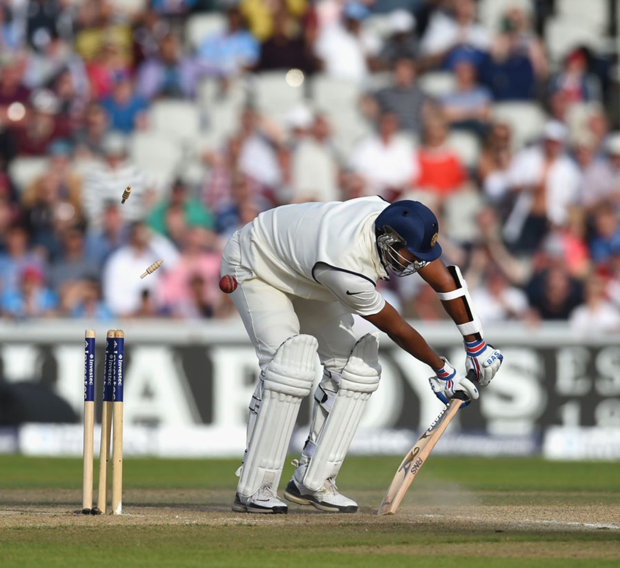 Pankaj Singh is bowled, England v India, 4th Test, Old Trafford, 3rd day, August 9, 2014